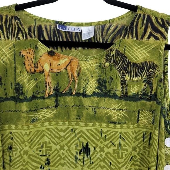 Vintage 80's La Cera Dress Rayon Scoop Button Shift Midi Safari Animals Green XL - Picture 8 of 15